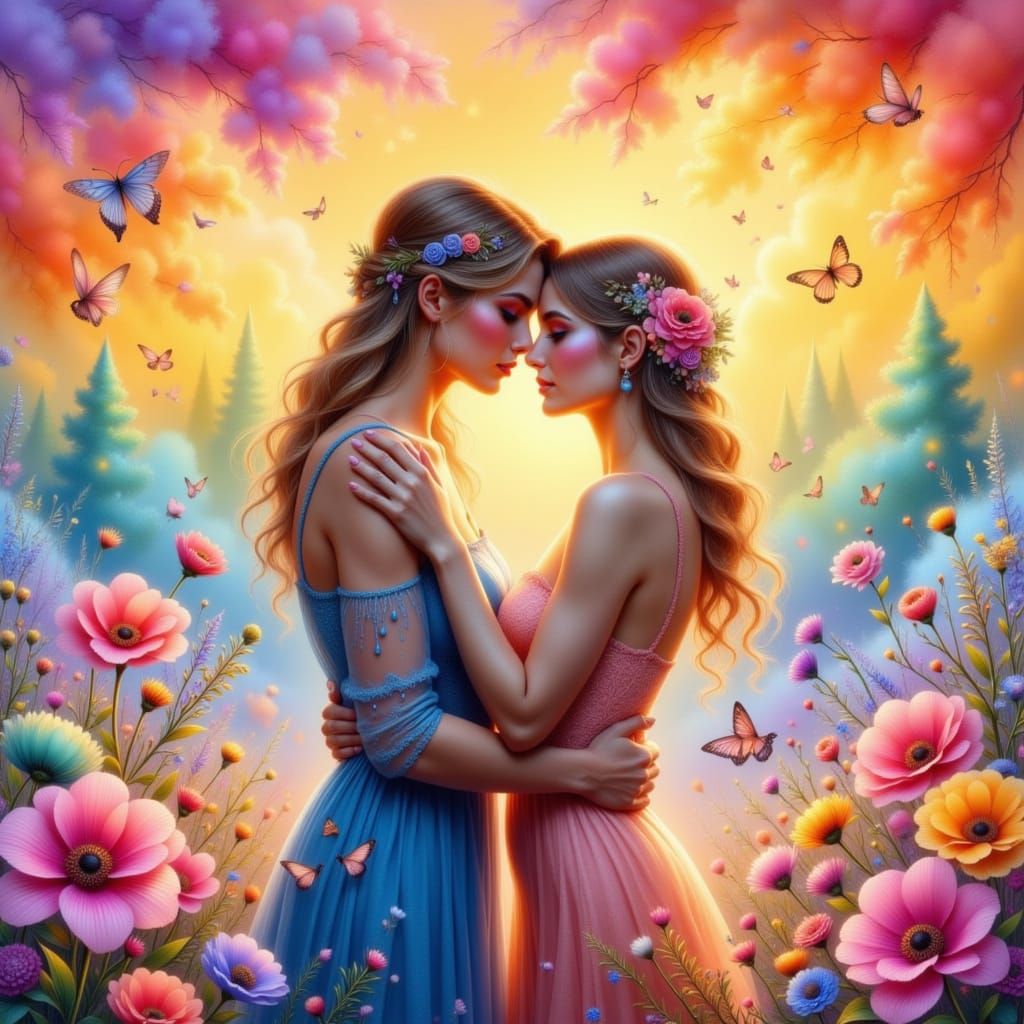 Bisexual Couple Embracing Rainbow Pride Flag