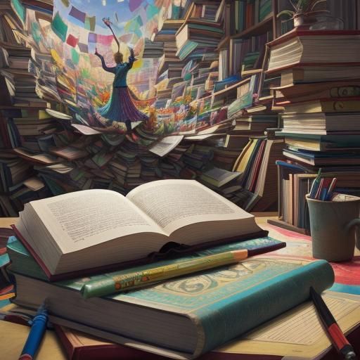 Students Climb a Book Mountain in Whimsical Art Style
