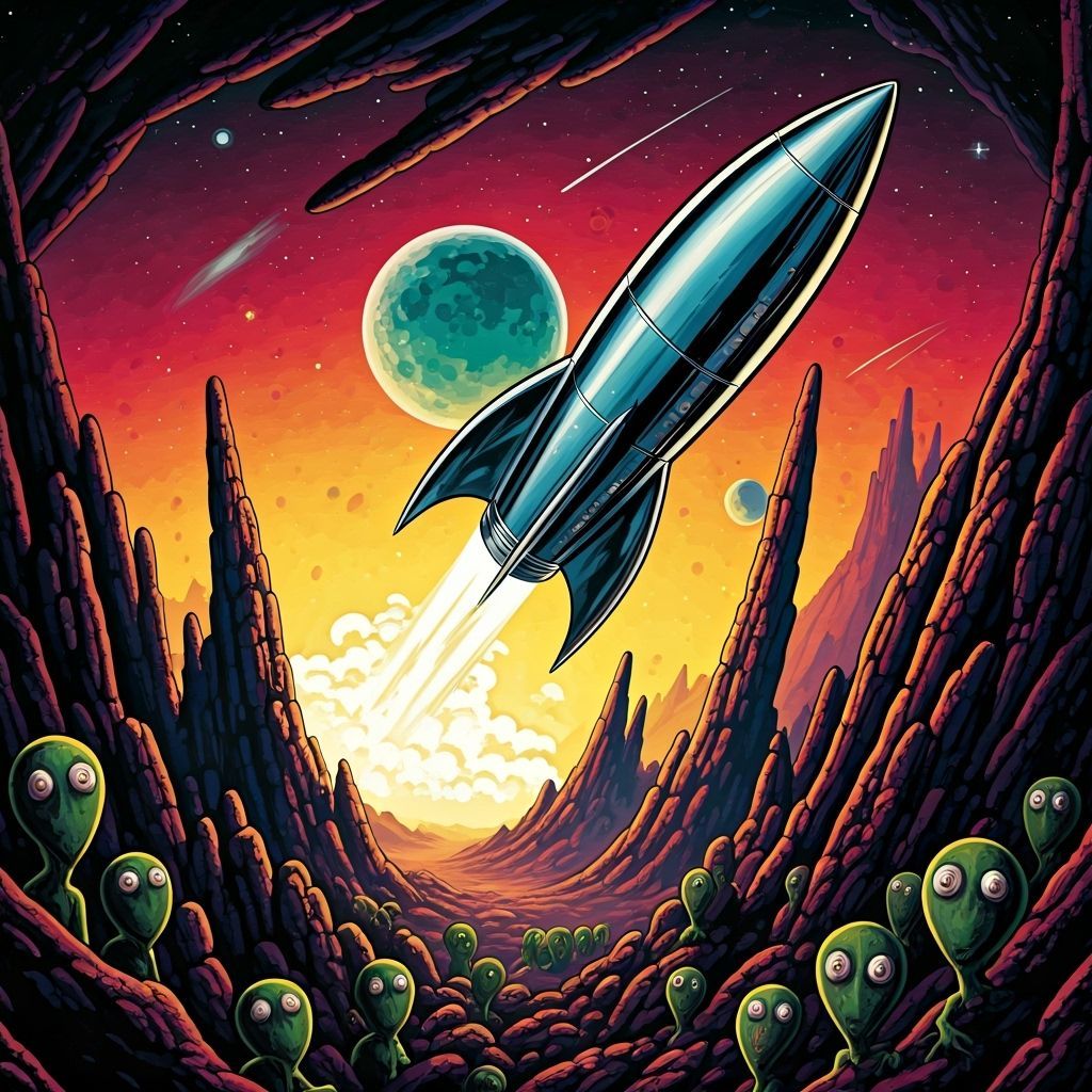 Retro Rocket Launch on Alien World as Pulp Art
