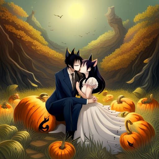 Anime Couple Kissing in Pumpkin Patch, Ghibli Style