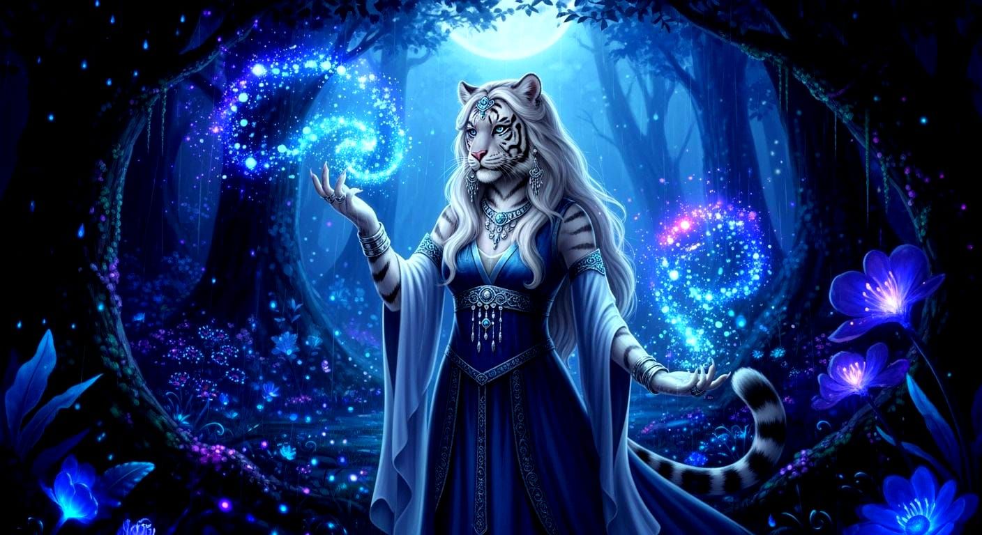 Majestic Tiger Hybrid in Bioluminescent Forest