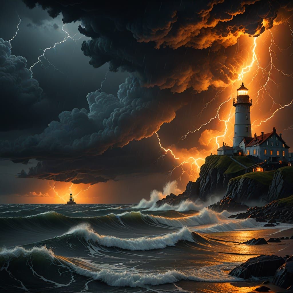 Stormy Baroque Nocturne with Lighthouse
