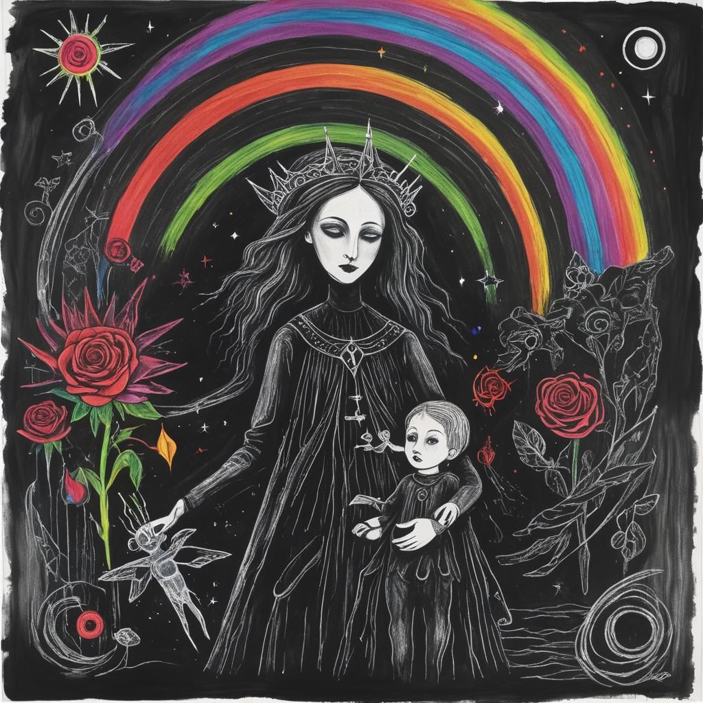 Surreal Crayon Drawing: Goth Mother and Child