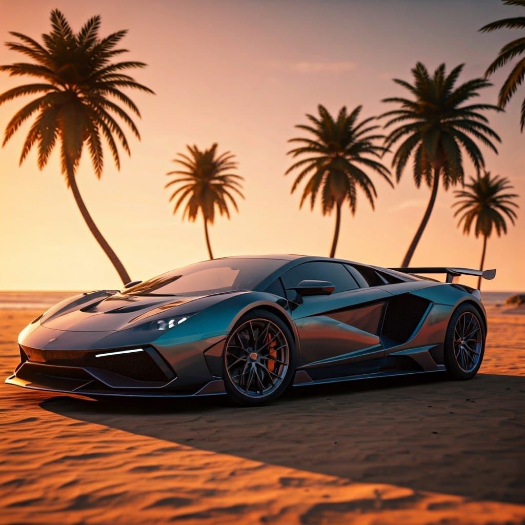 Neon Supercar on Beach at Sunset, Low-Poly Render
