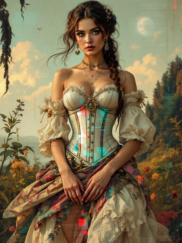 Pin-Up Woman Fusion Of Renaissance Engraving And Solarpunk A...