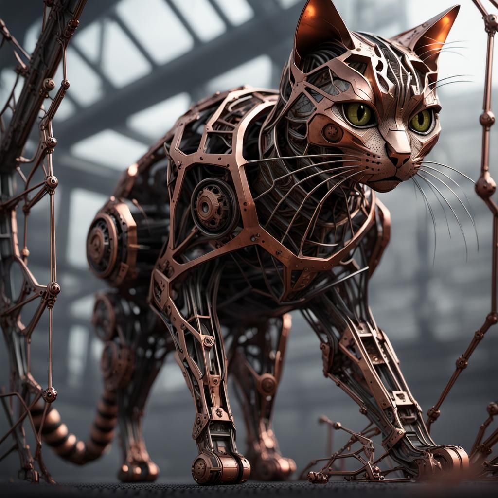 Futuristic Copper Cat in Cyberpunk Cobwebs