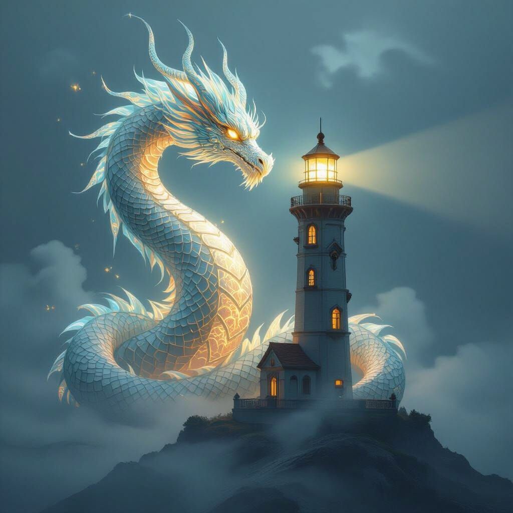 Ethereal Wire Art Dragon Coiled Around Art Deco Lighthouse