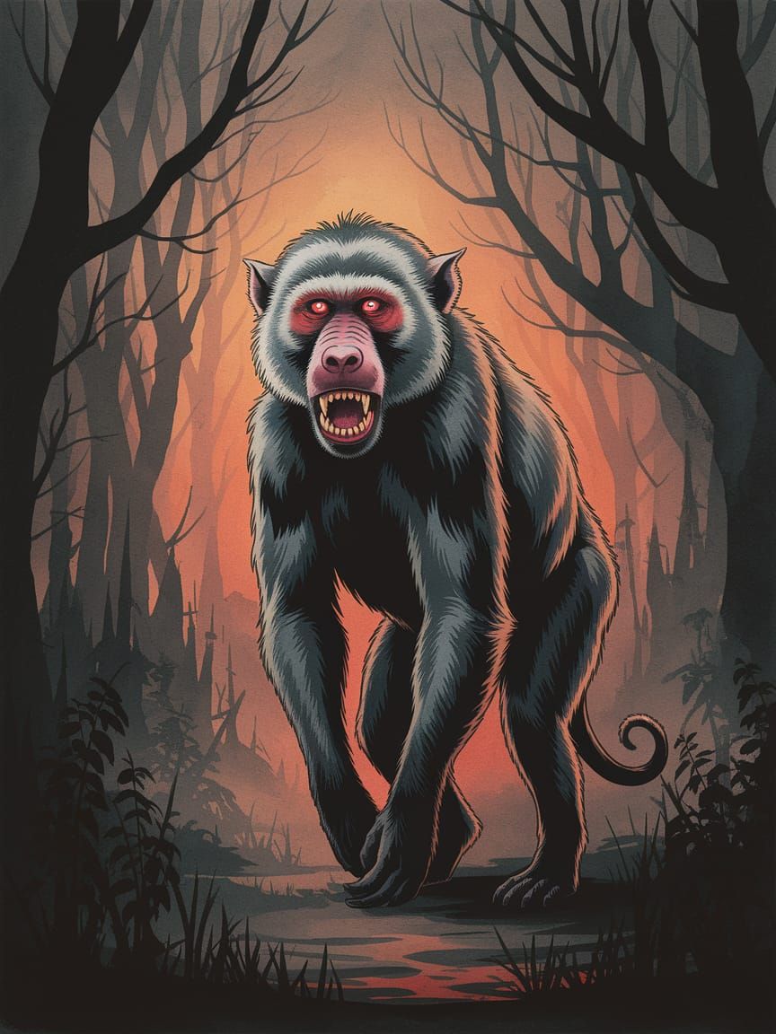 Demonic Baboon in Gothic Forest, Muted Watercolour Art