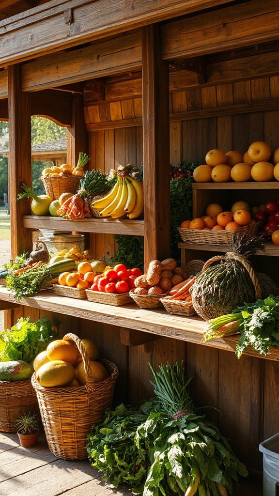 Rustic Produce Stand with Fresh Fruit and Vegetables in Warm...
