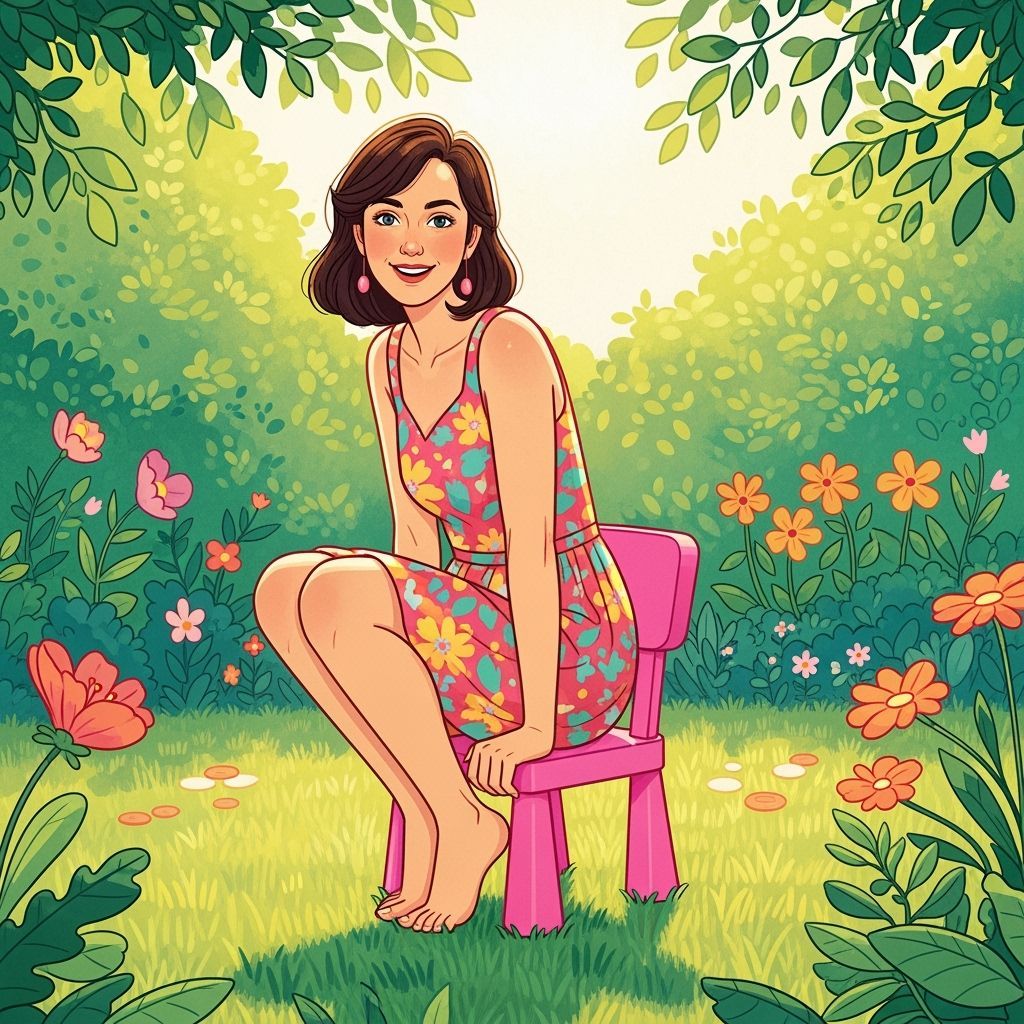 Woman on Tiny Pink Chair in Sunny Garden