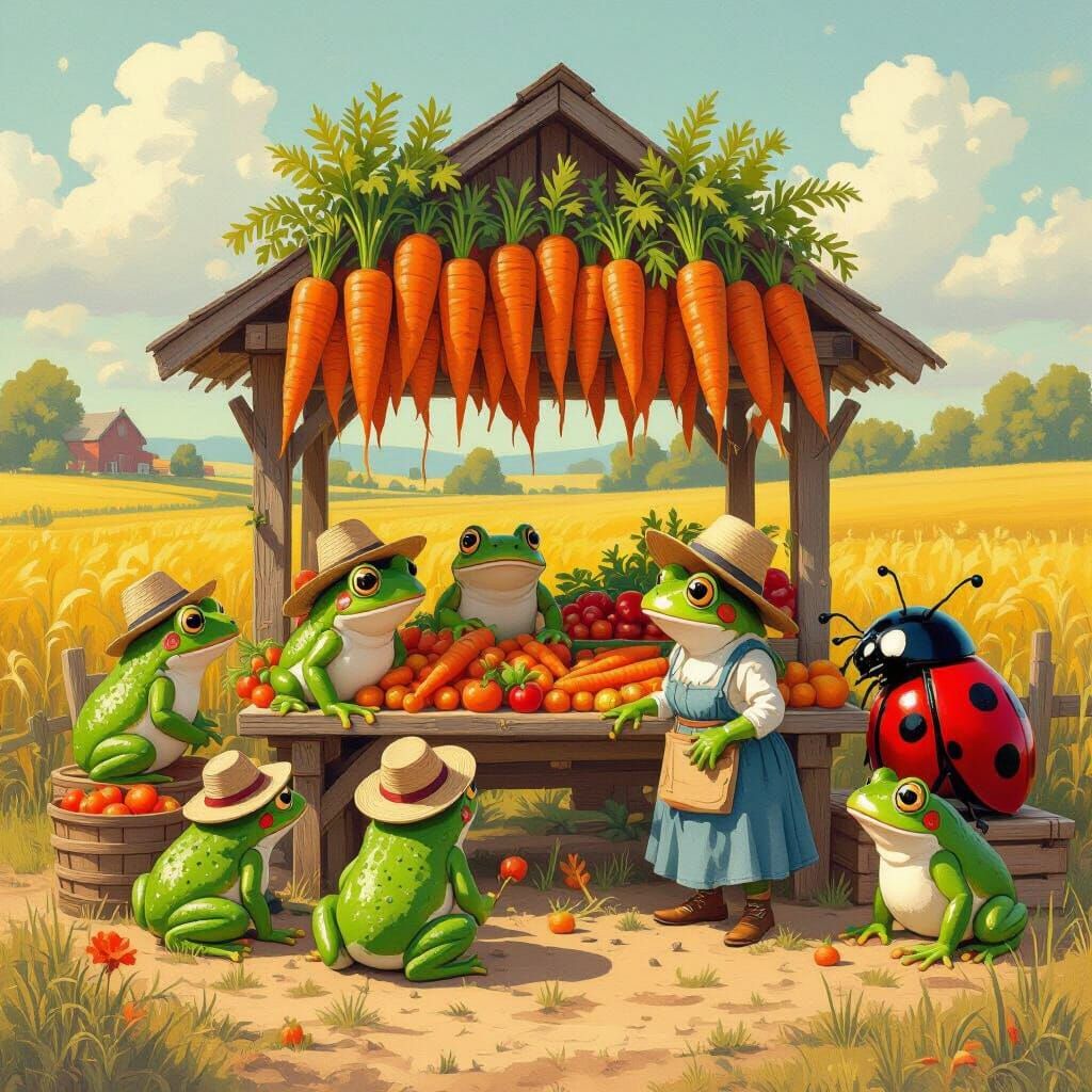 Frogs in Hats at Farmstand with Giant Carrots