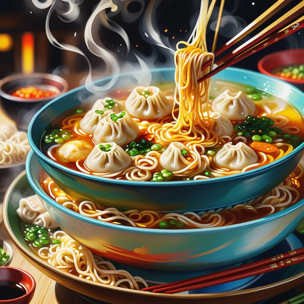 Mouthwatering Noodles and Soup in Oil Painting Style