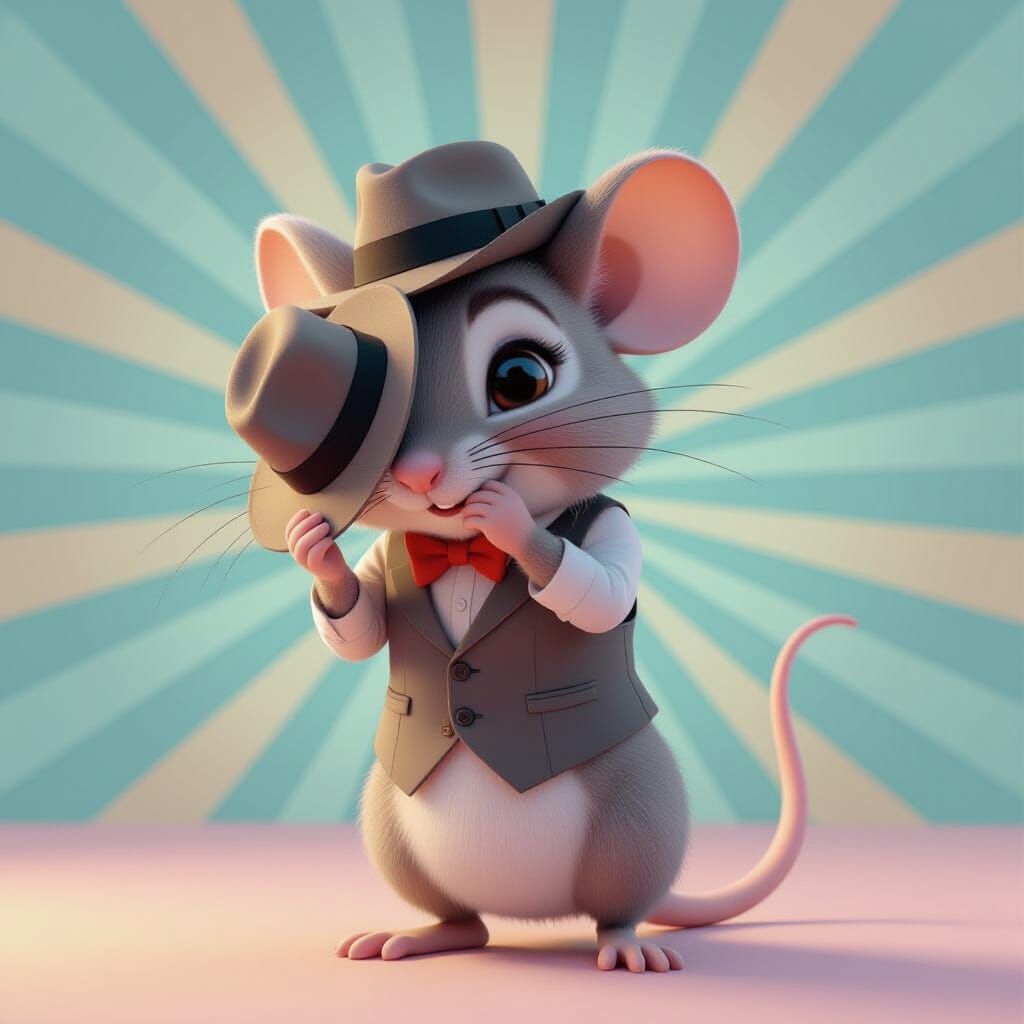 Shy Mouse Hiding Behind Fedora in 3D Style
