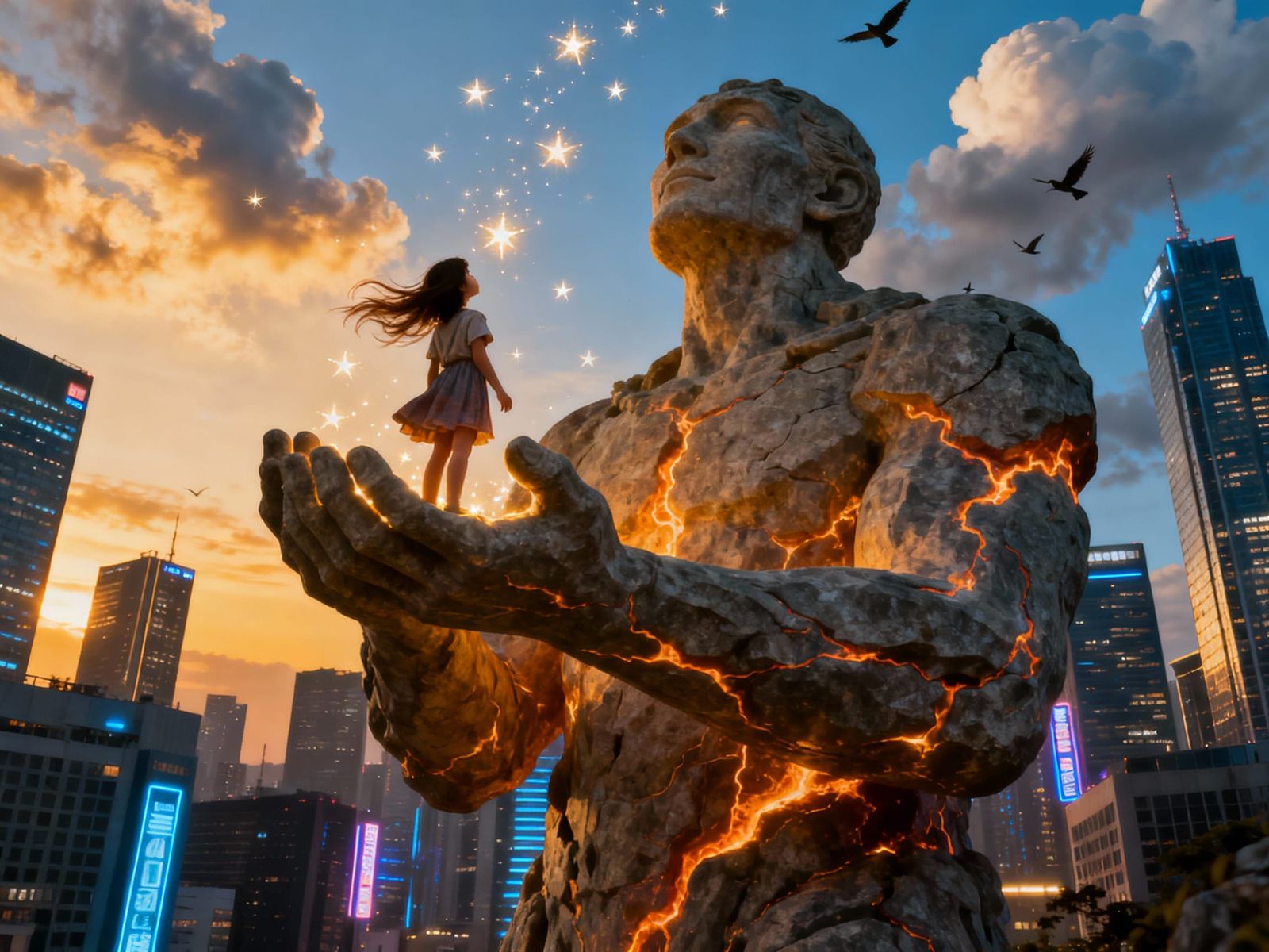 Colossal Stone Giant Lifts Girl Above Twilight City