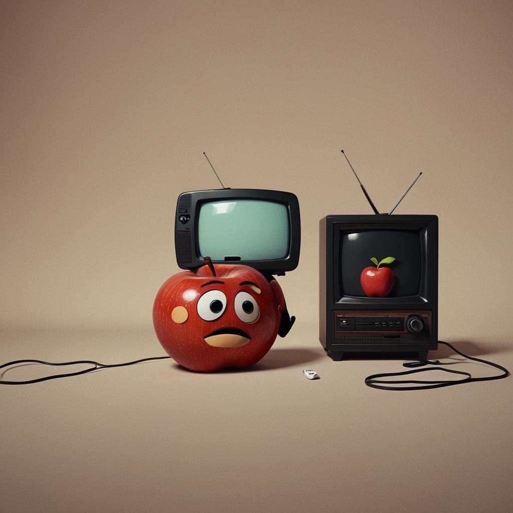 Sad Cartoon Apple with Remote, Cinematic Film Still