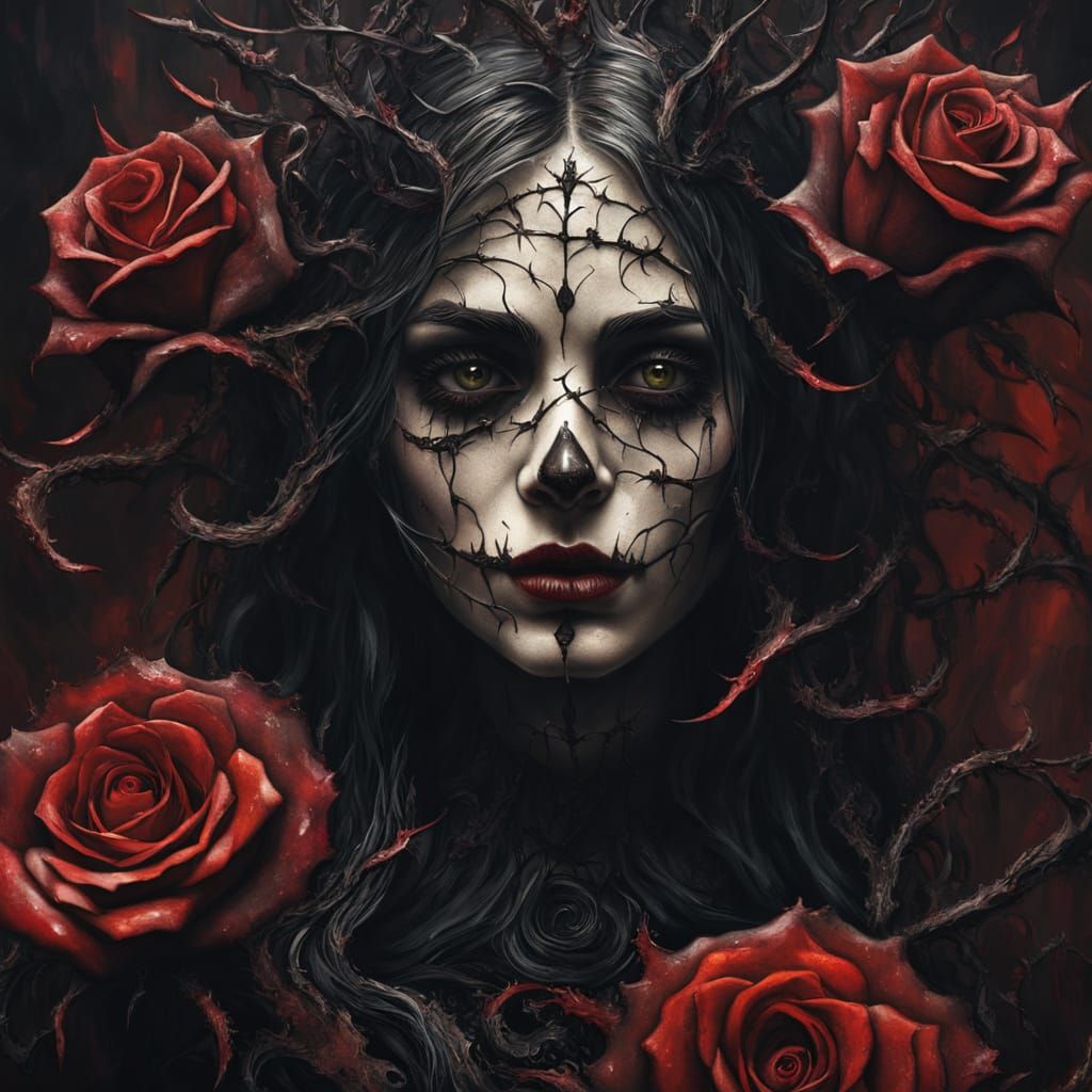 Wicked Woman's Face Formed by Rose Petals, Dark Fantasy Art