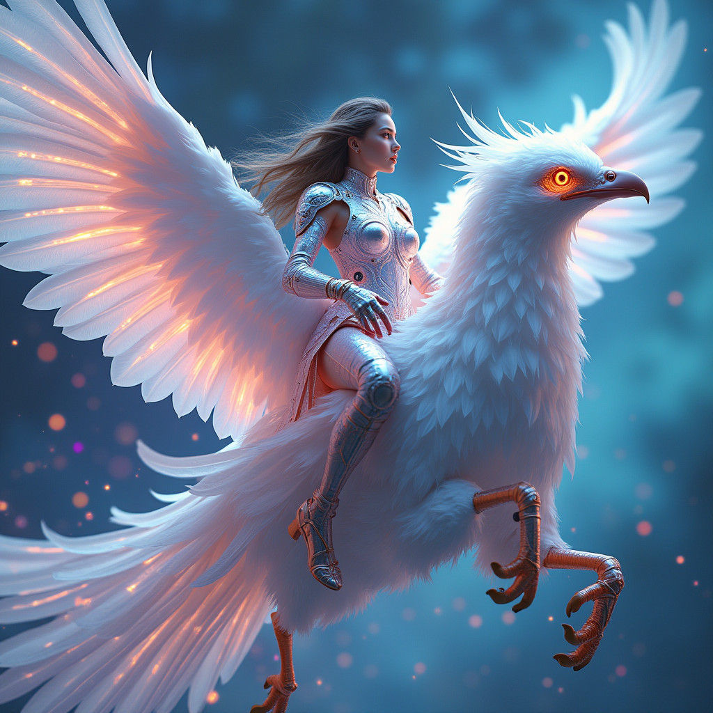 Futuristic Woman on Winged Phoenix Bird