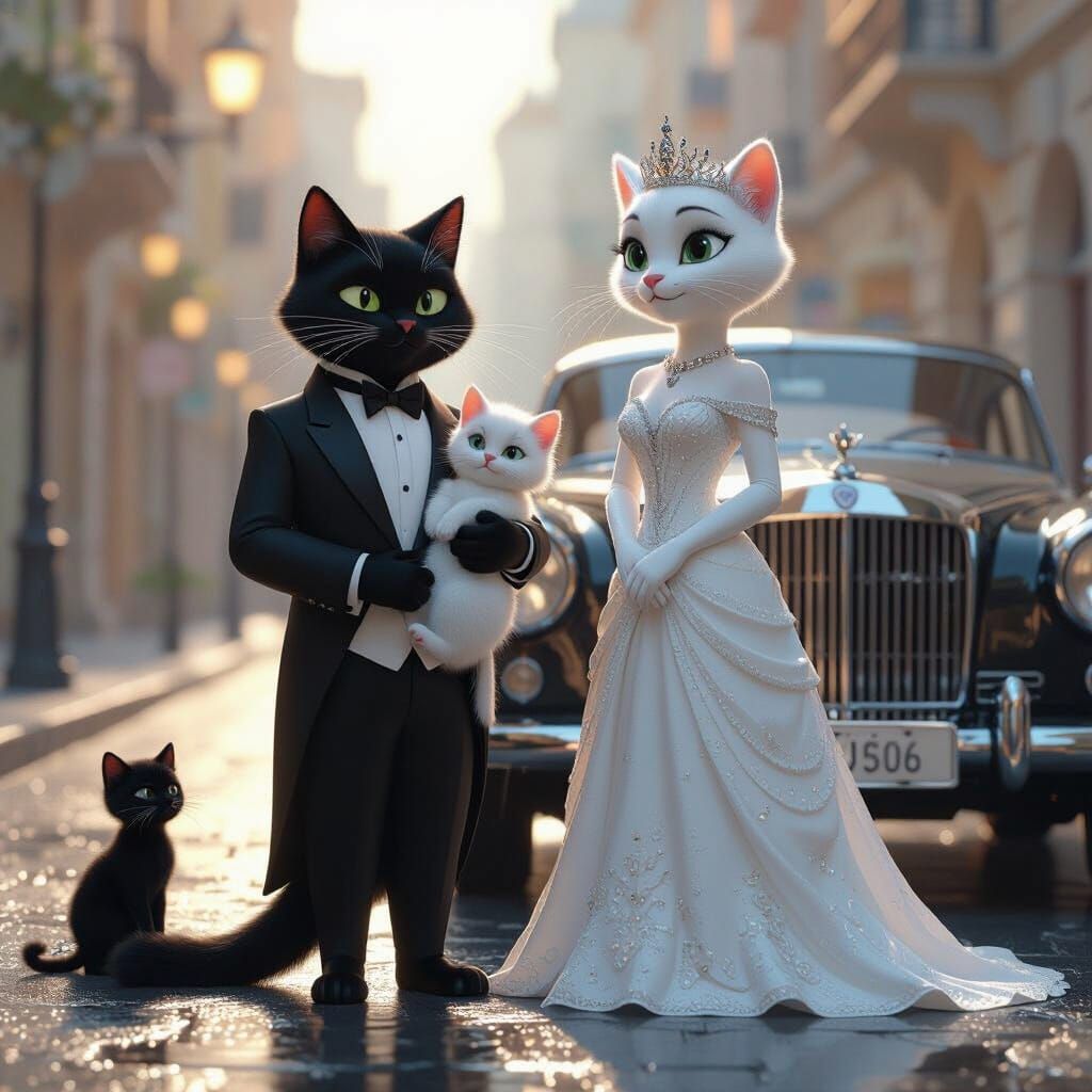 Elegant Cats Adopt Kitten in Pixar Style