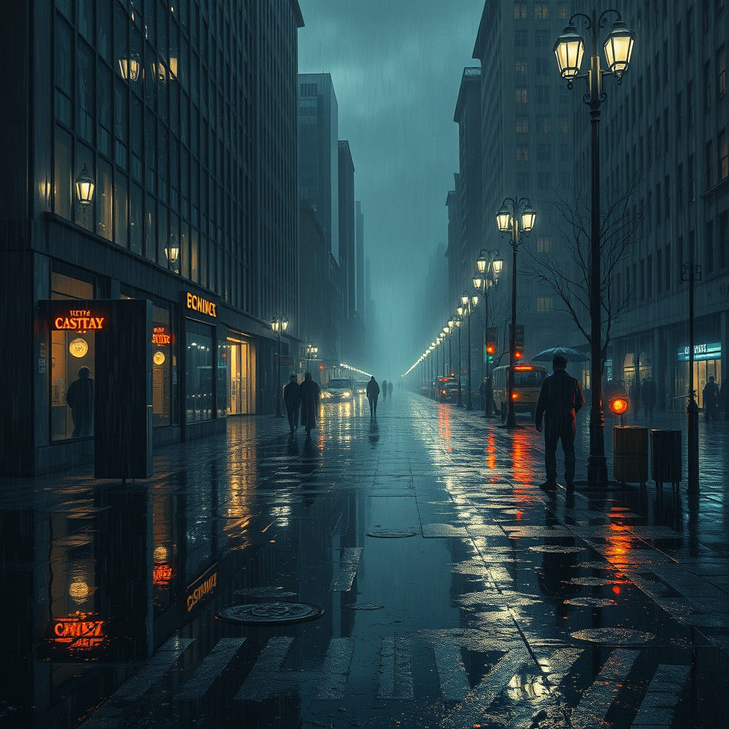 Rainy City Street at Night, Fantasy Concept Art