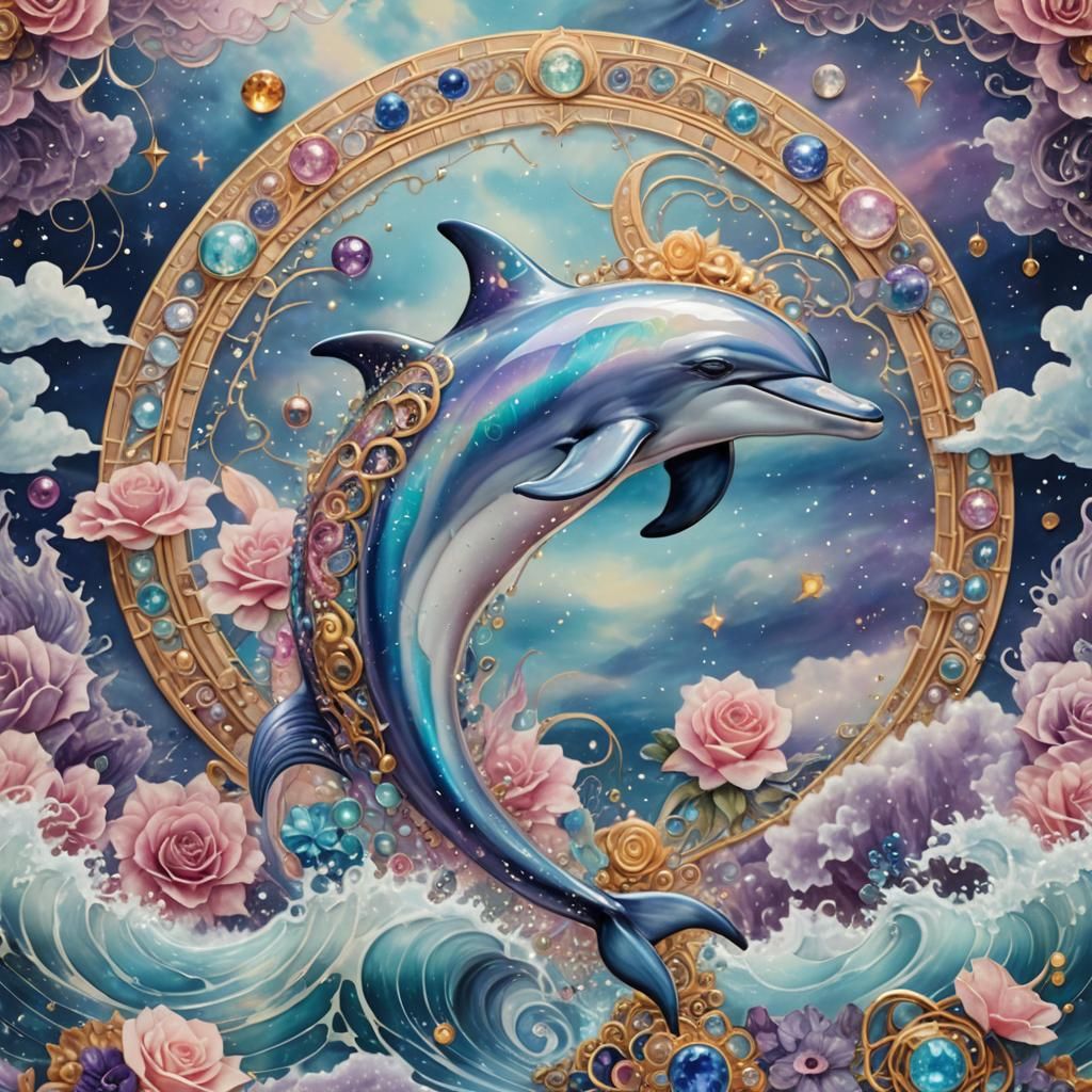 Iridescent Cosmic Dolphin Leaping Through Gemstone Ocean
