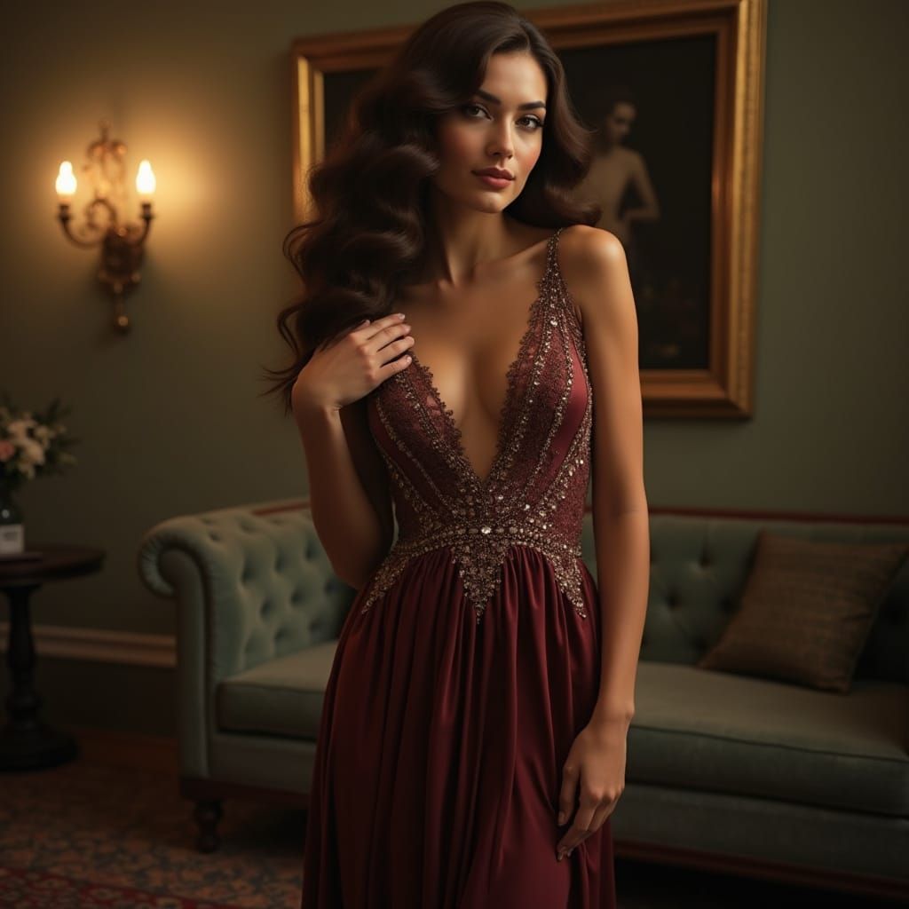 Elegant Woman in French Couture-Inspired Evening Gown