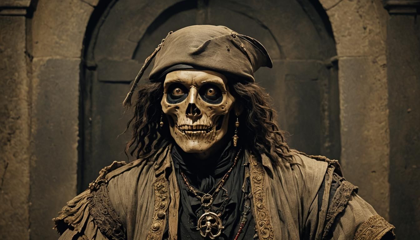 a close up of a person wearing a costume, ancient catacombs,...