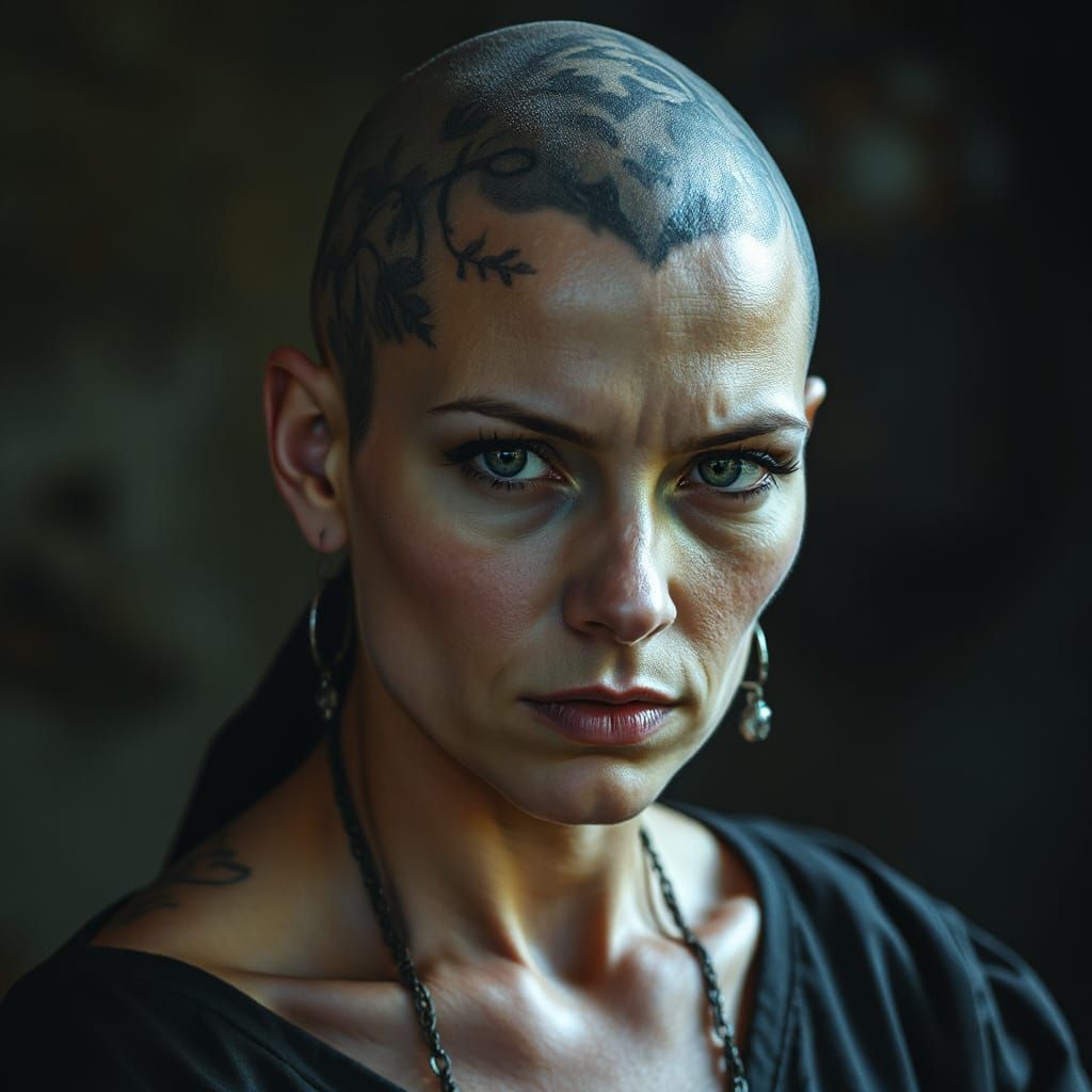 Medieval Witch Portrait with Scalp Tattoos