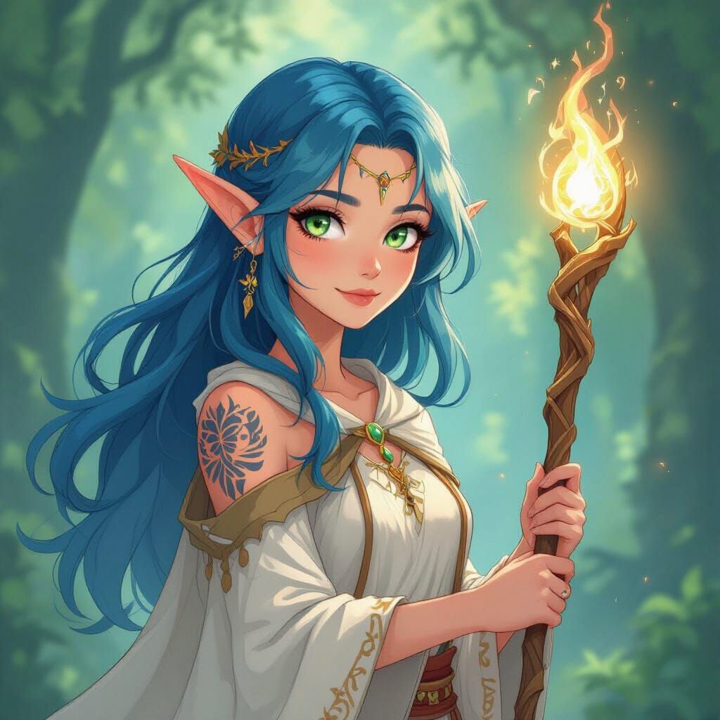 Elf Wizard with Blue Hair and Tribal Tattoo in Ghibli Style