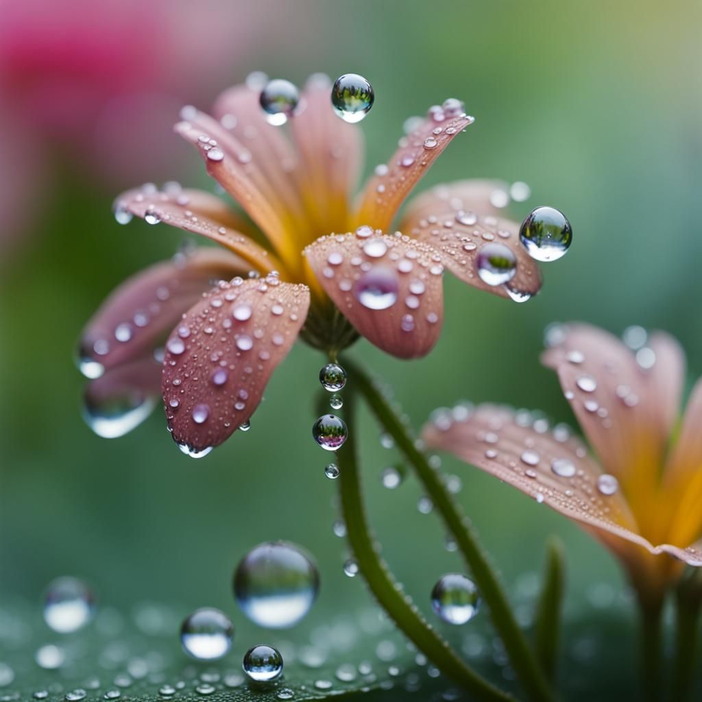 Glistening Dew Drops Reflecting Miniature World