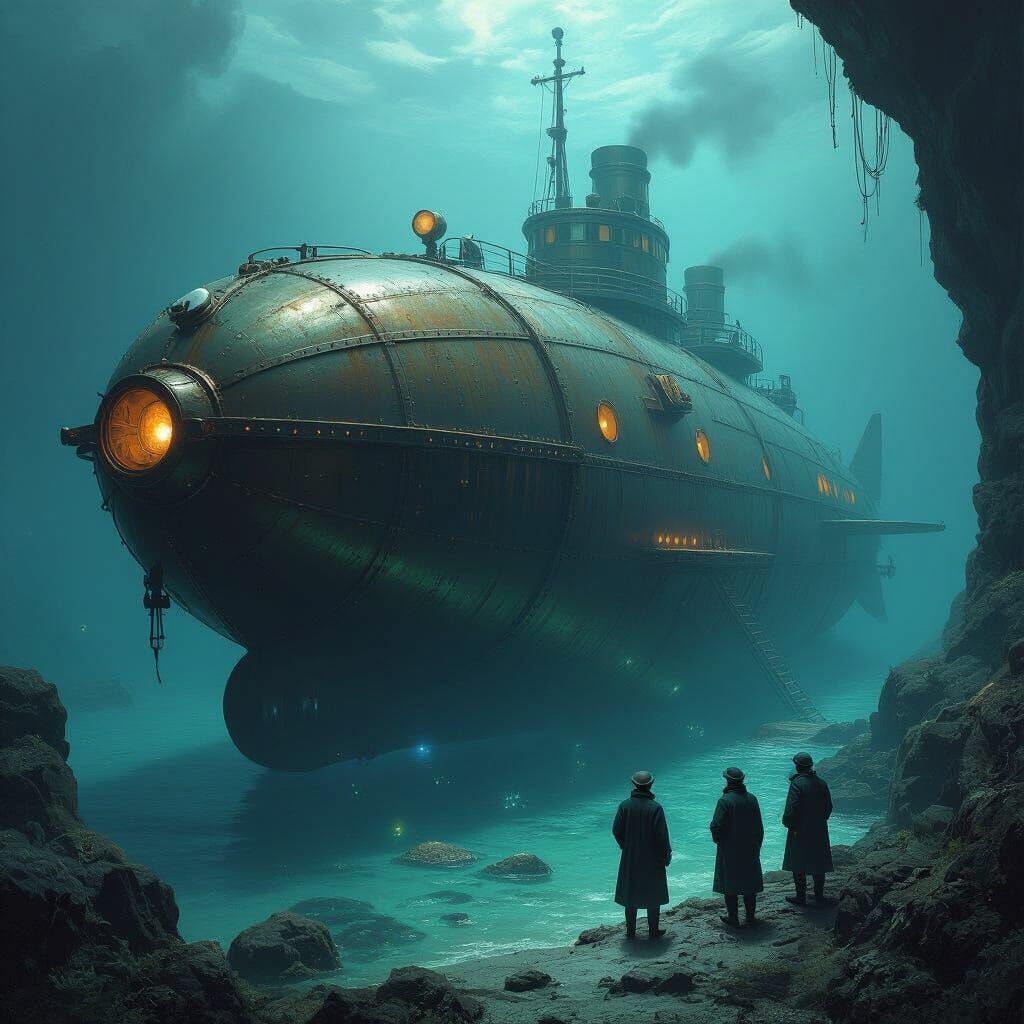 Steampunk Submarine in Bioluminescent Cove: Digital Art