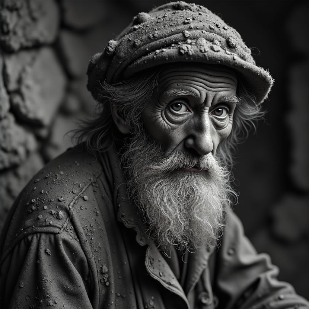 Old Miner Returns Home After Grueling Day in Charcoal Style