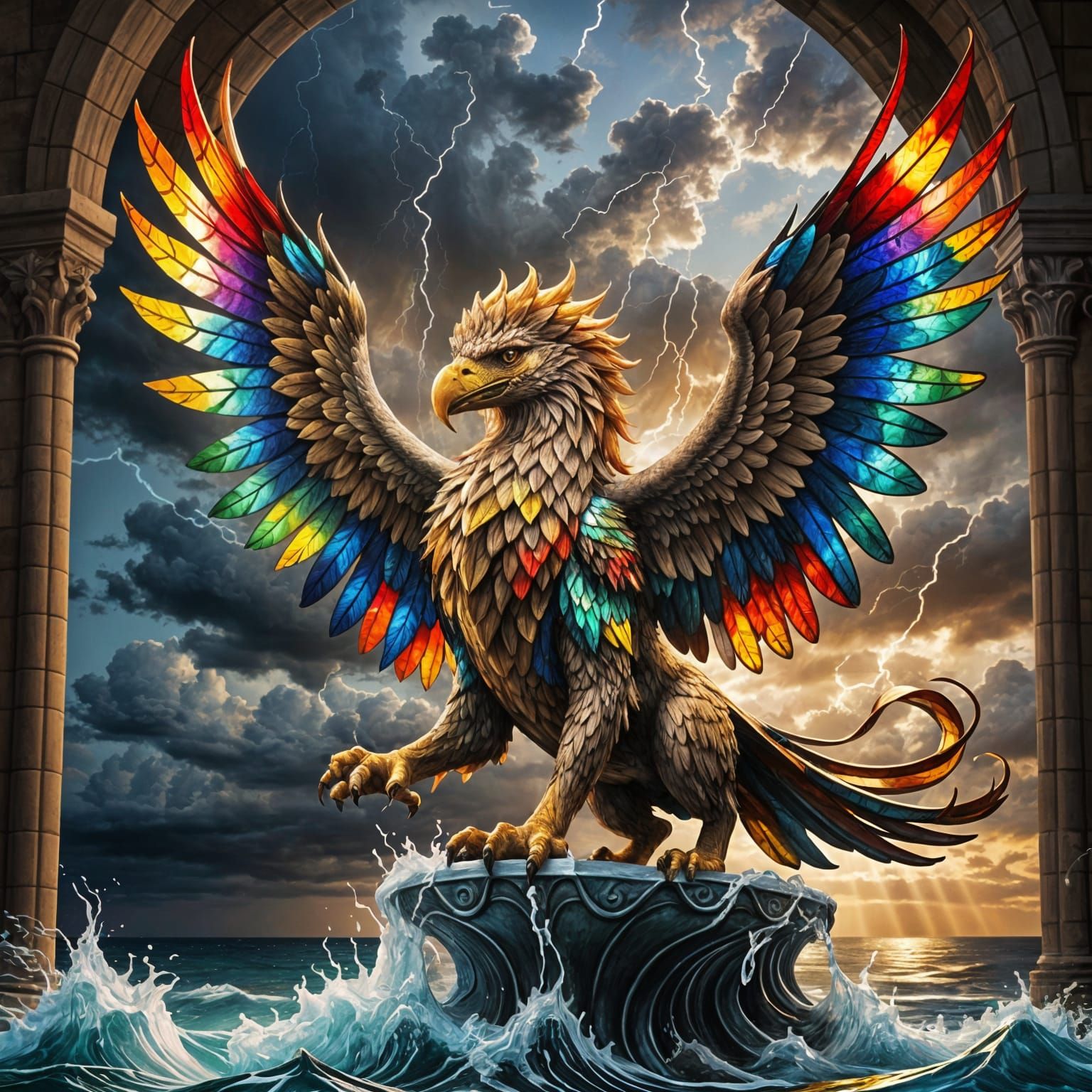 Stained Glass Griffin Soaring Over Stormy Ocean