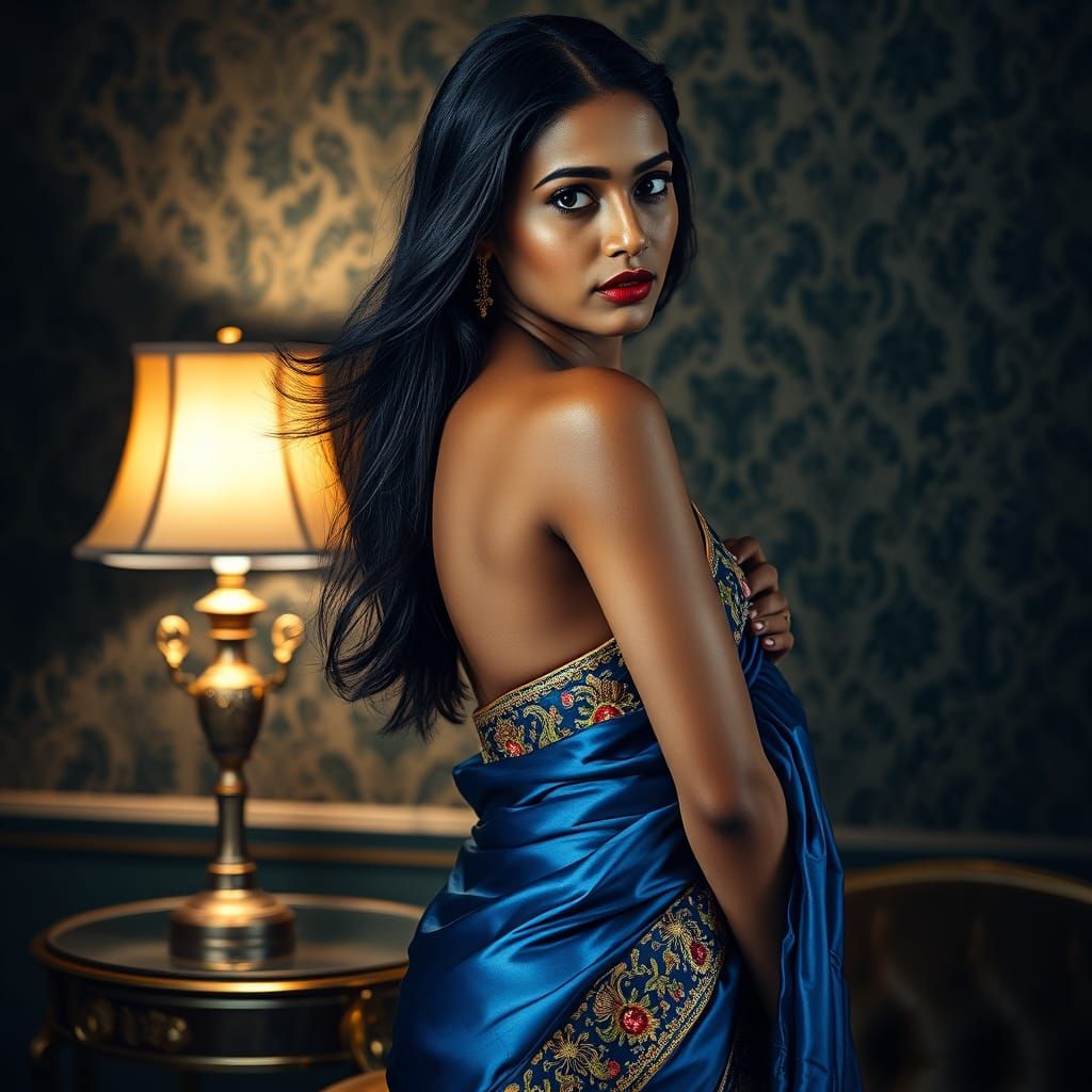 Opulent Tamil Woman in Blue Silk Saree