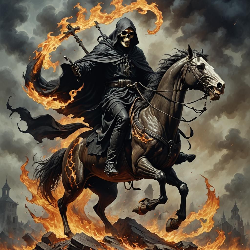 Grim Reaper Rides Skull Horse in Flames