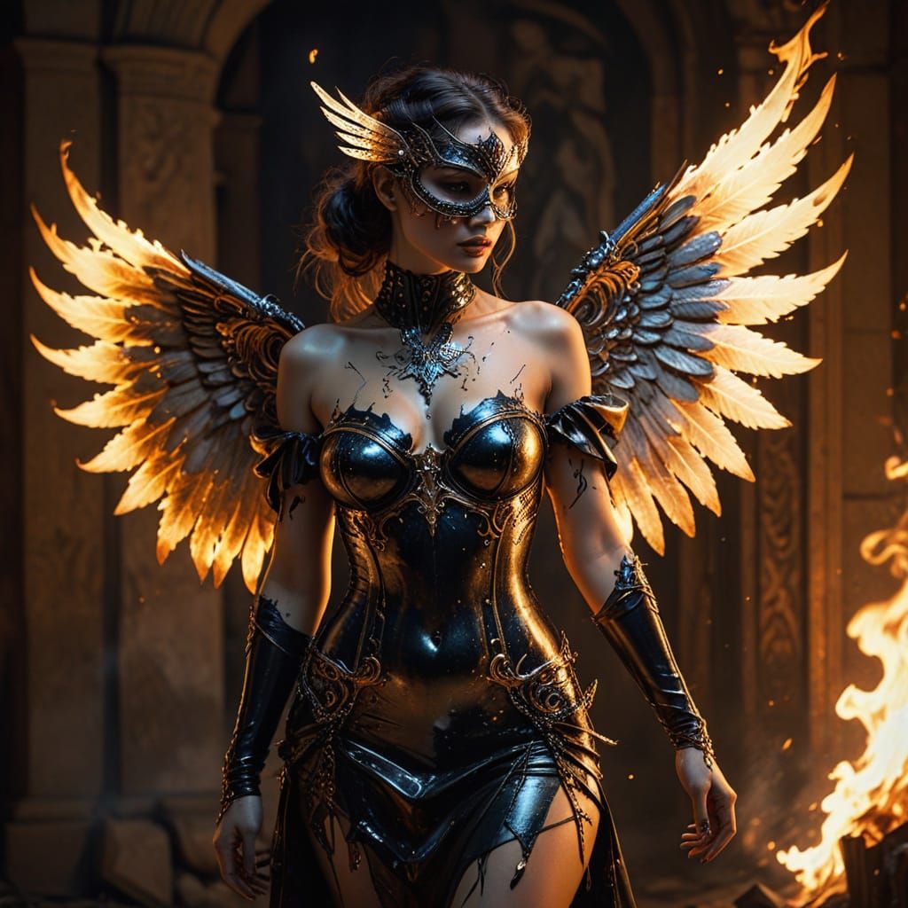 Elegant Sci-Fi Siren in Shimmering Club Dress and Angel Wing...