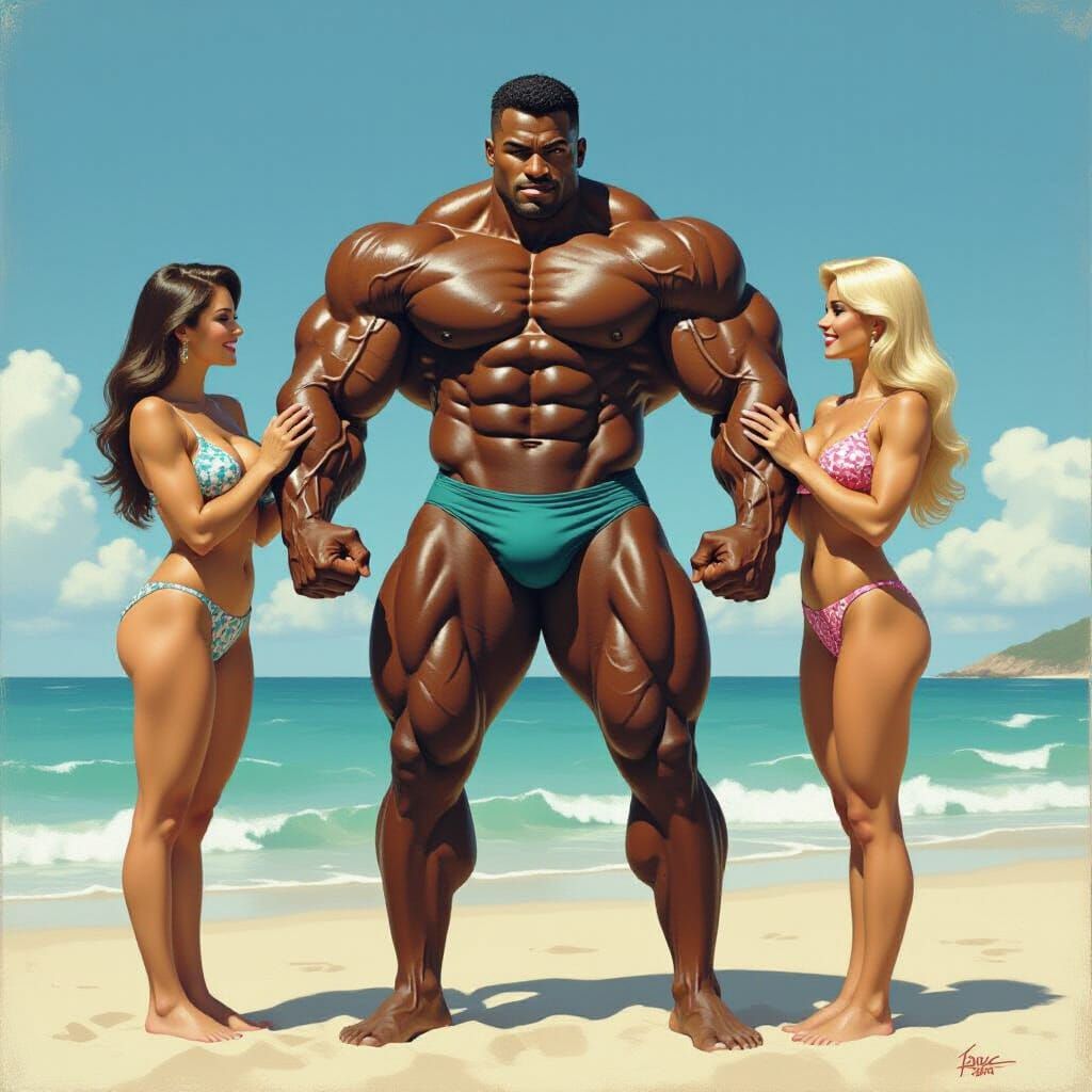 Colossal Bodybuilder on Sunny Beach in Fantasy Art Style