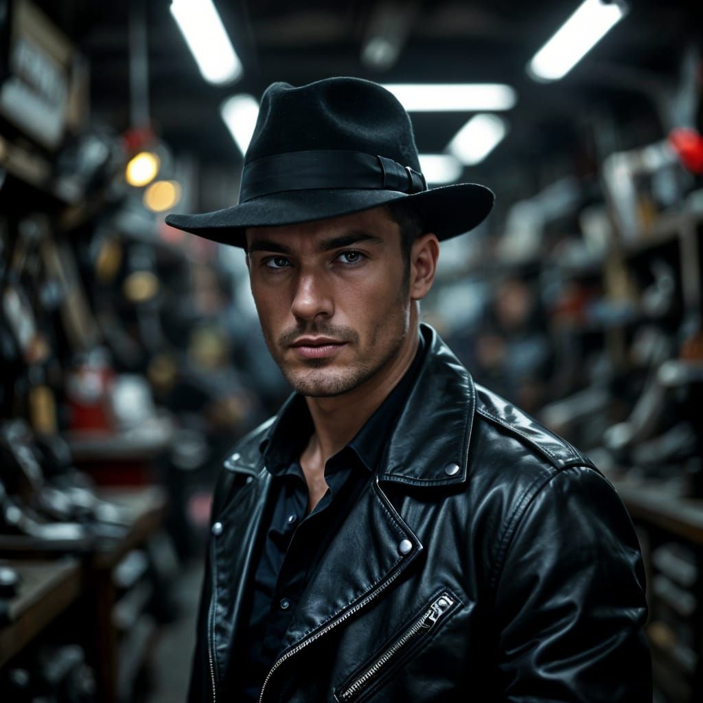 Man in Fedora and Leather Jacket in Workshop