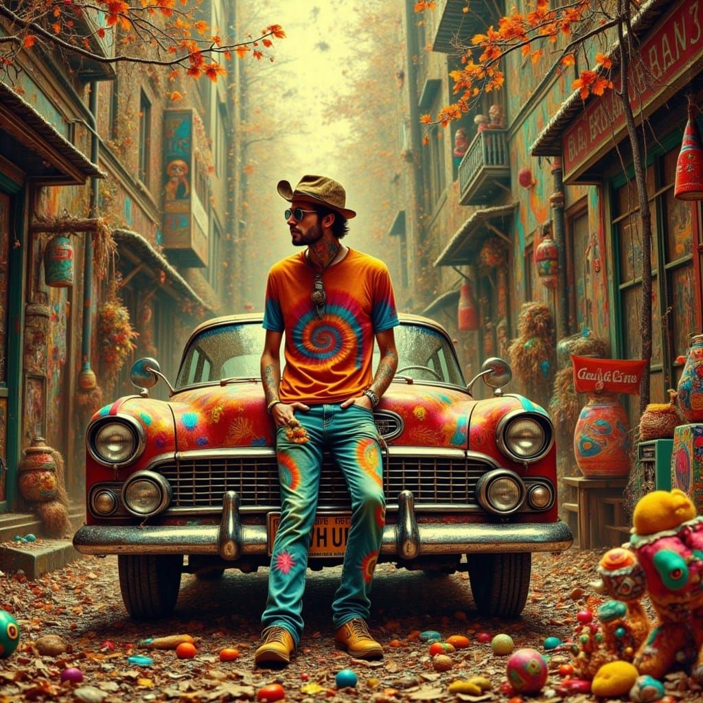 Hippies Gathered in a Vibrant Tie-Dye Scene