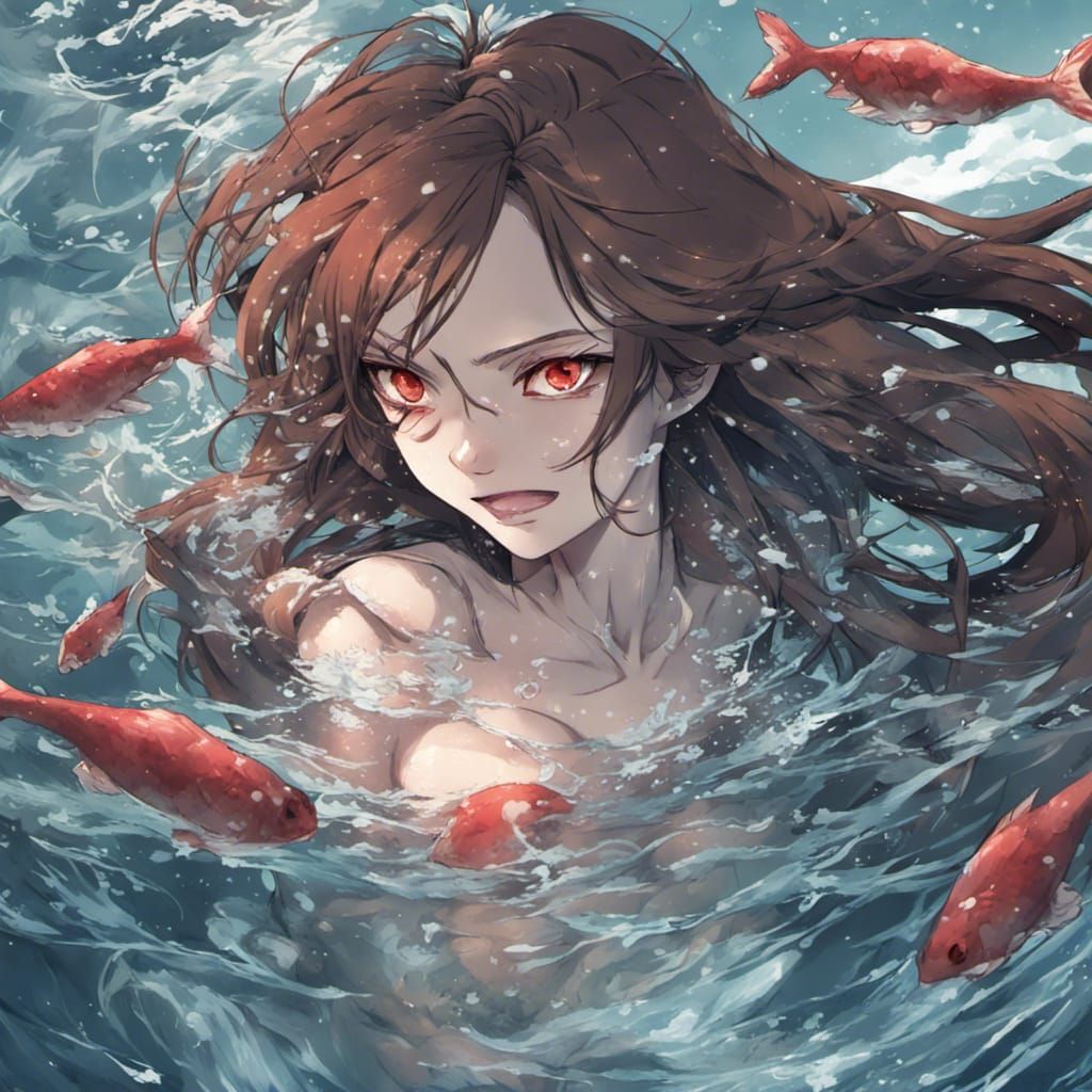Angry Evil Mermaid Portrait in Anime Style