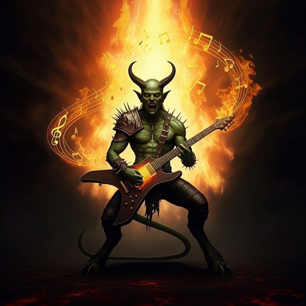 Fiery Demon Guitarist in Dark Gothic Abyss