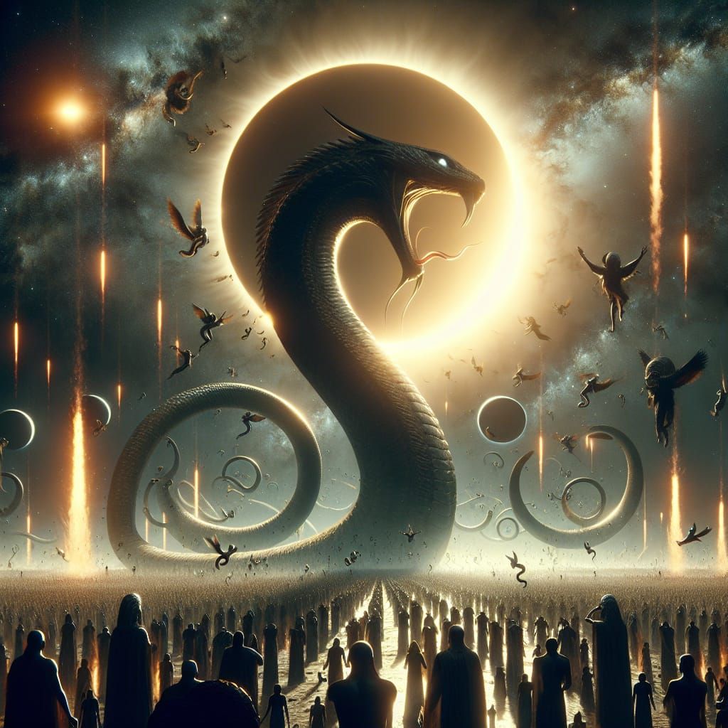 Epic Solar Eclipse with Mythological Figures, Mixed-Media Ar...