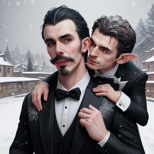 Elfin Imp on a Man's Shoulder in Snowy Landscape