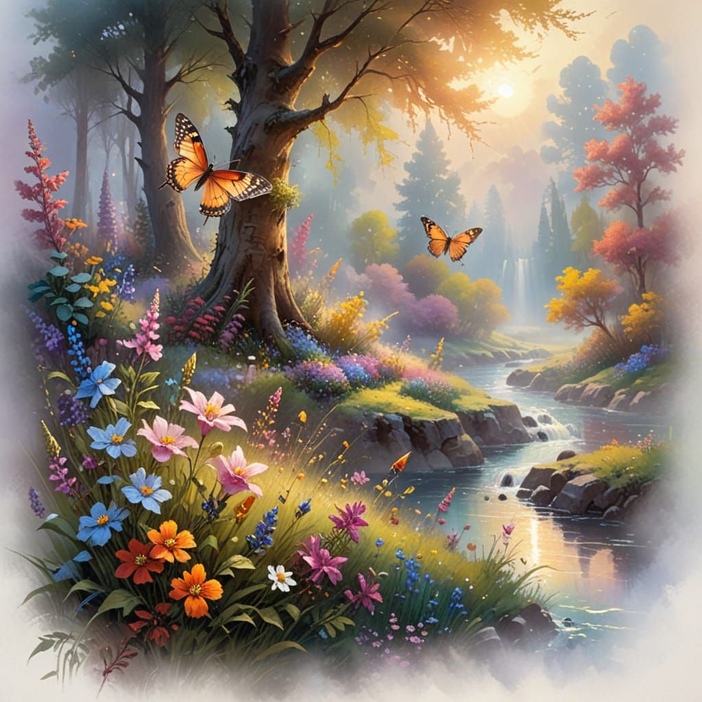 Butterfly in Summer Blossom Meadow as Impasto Painting