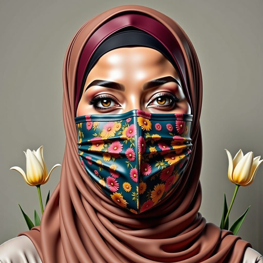 Surreal Portrait of a Beautiful Hijabi Woman in Floral Setti...