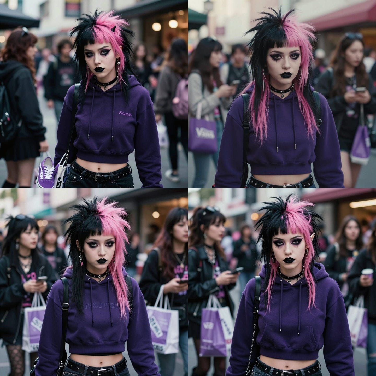Punk Girl with Pink and Black Hair Shopping