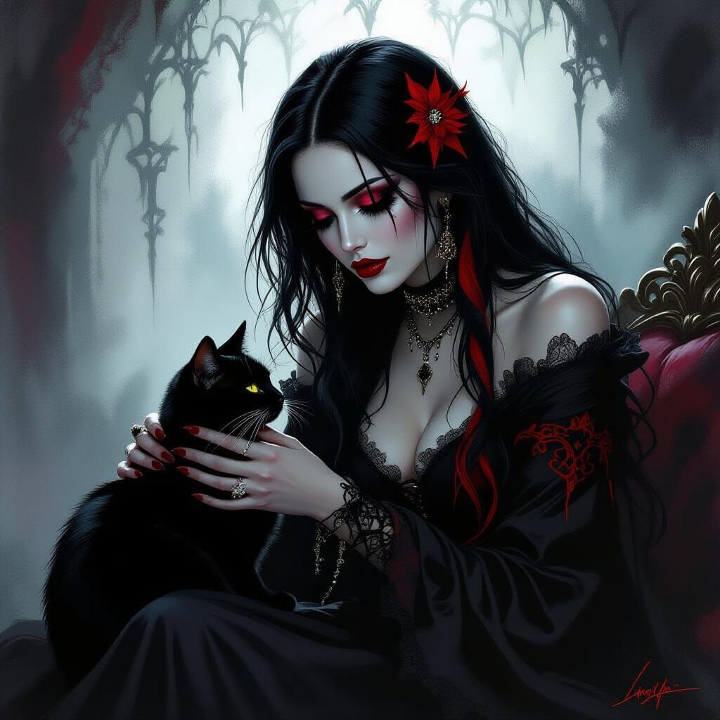 Goth Woman Tends Black Cat in Dark Fantasy Style
