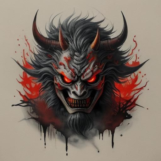 Mystical Japanese Oni Mask Rises Above Eerie Forest