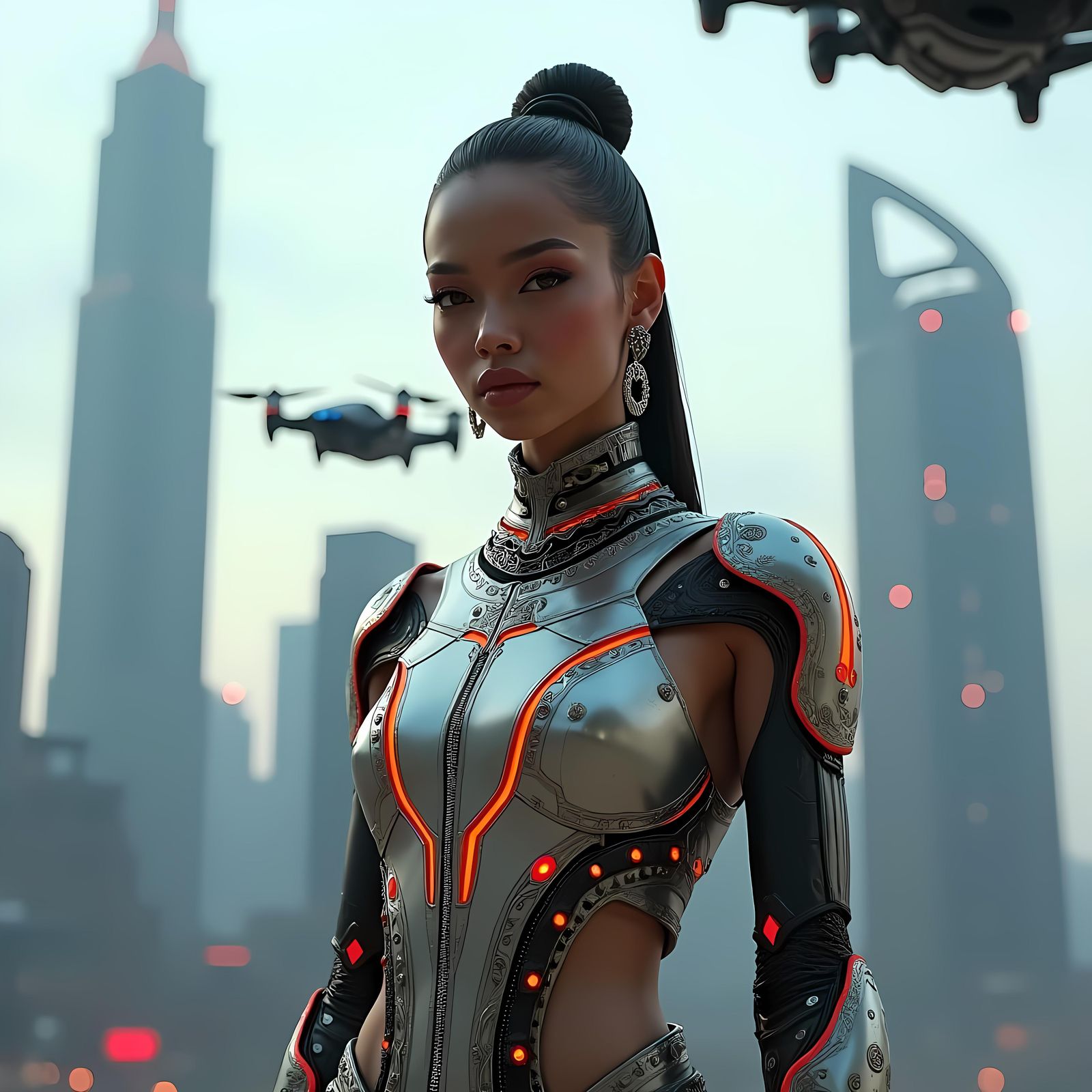 Futuristic Woman in High-Tech Cityscape