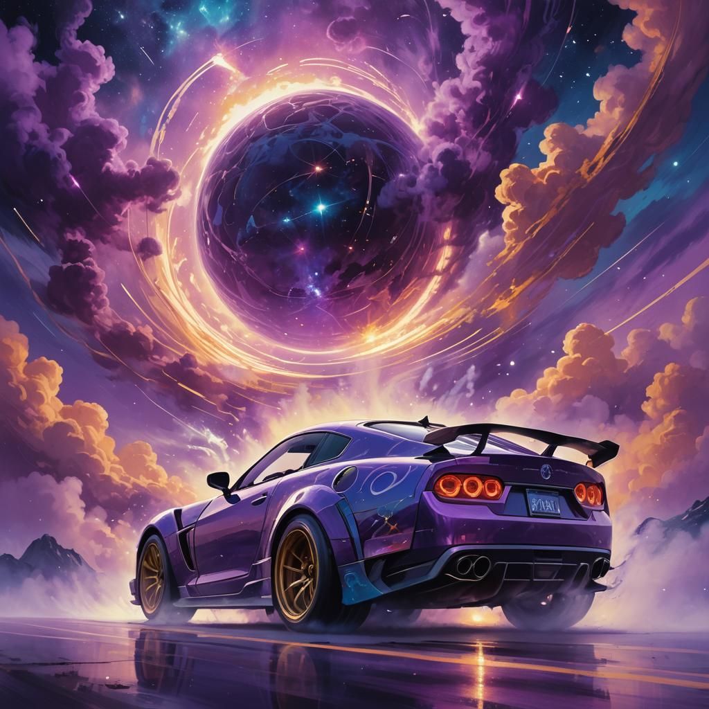 Surreal Sports Car Drifting Through Cosmic Swirls