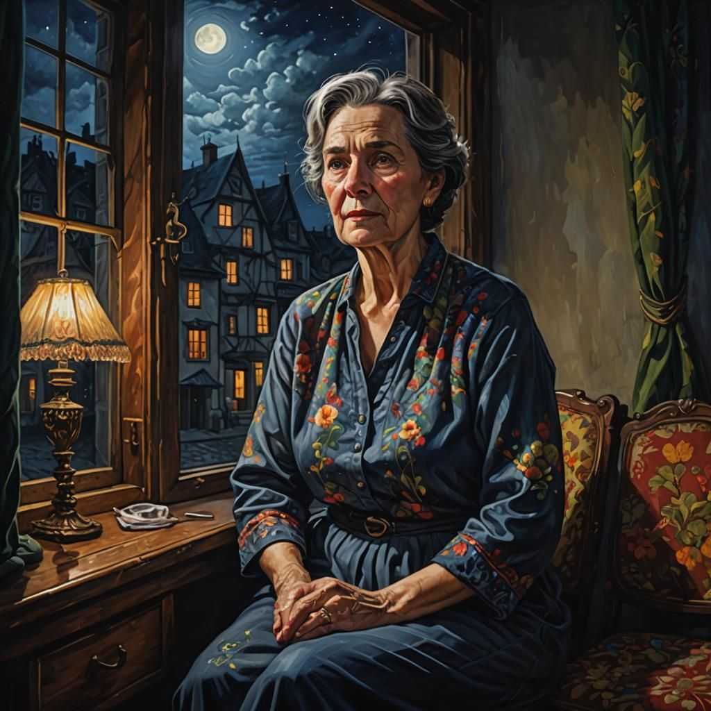 Woman in Moonlight: Realistic Impressionistic Painting